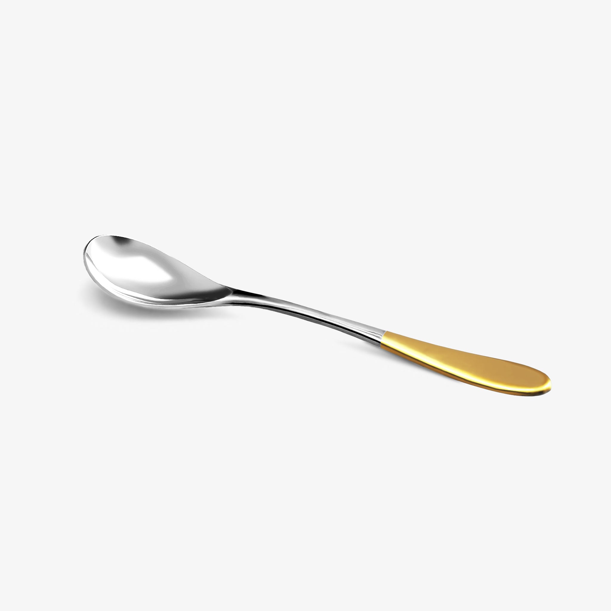 A stainless steel Rocksteady rocher spoon with a gold top handle against a white background.