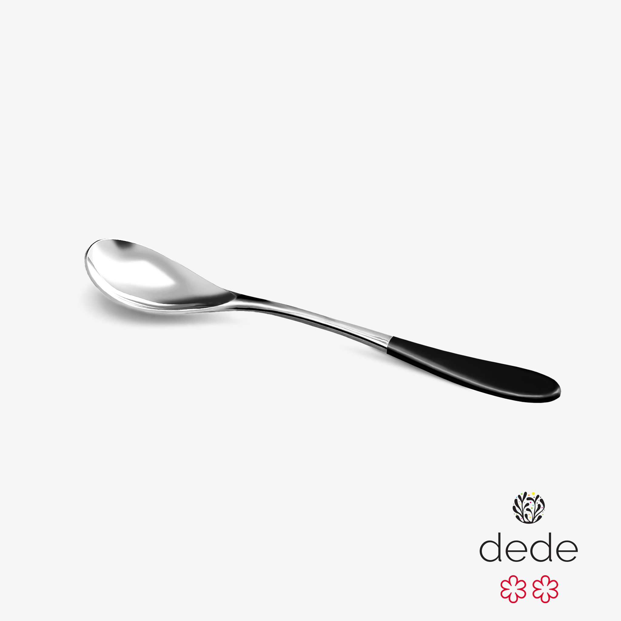 A stainless steel Rocksteady rocher spoon with a gloss black top handle against a white background.