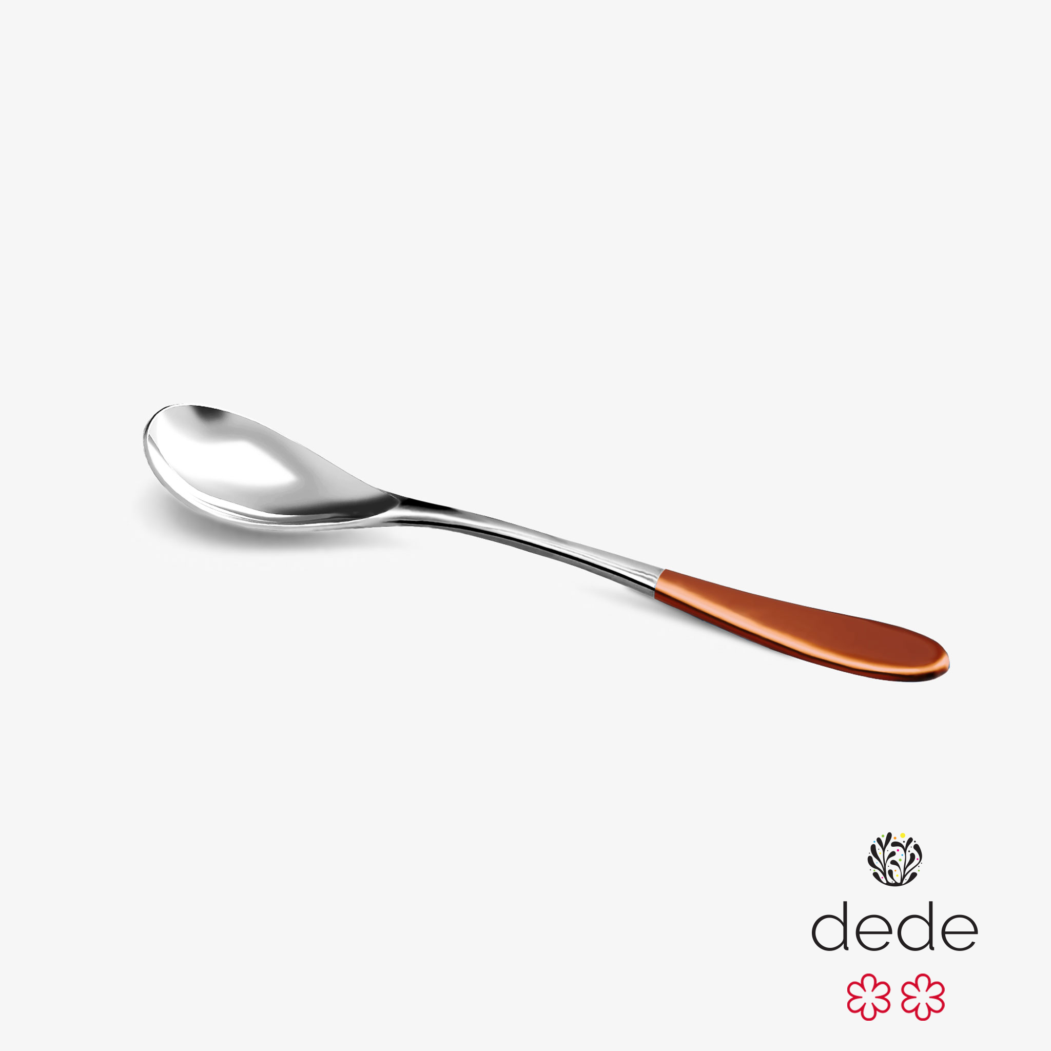 A stainless steel Rocksteady rocher spoon with a copper top handle against a white background.