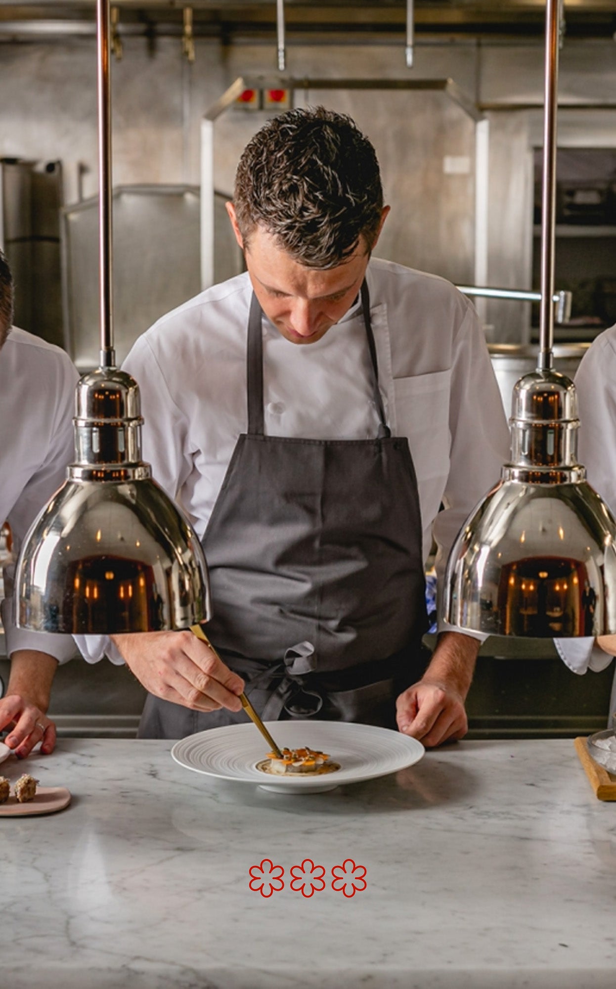 Helene Darroz Chef plating at the pass using Oui Chef Tweezers