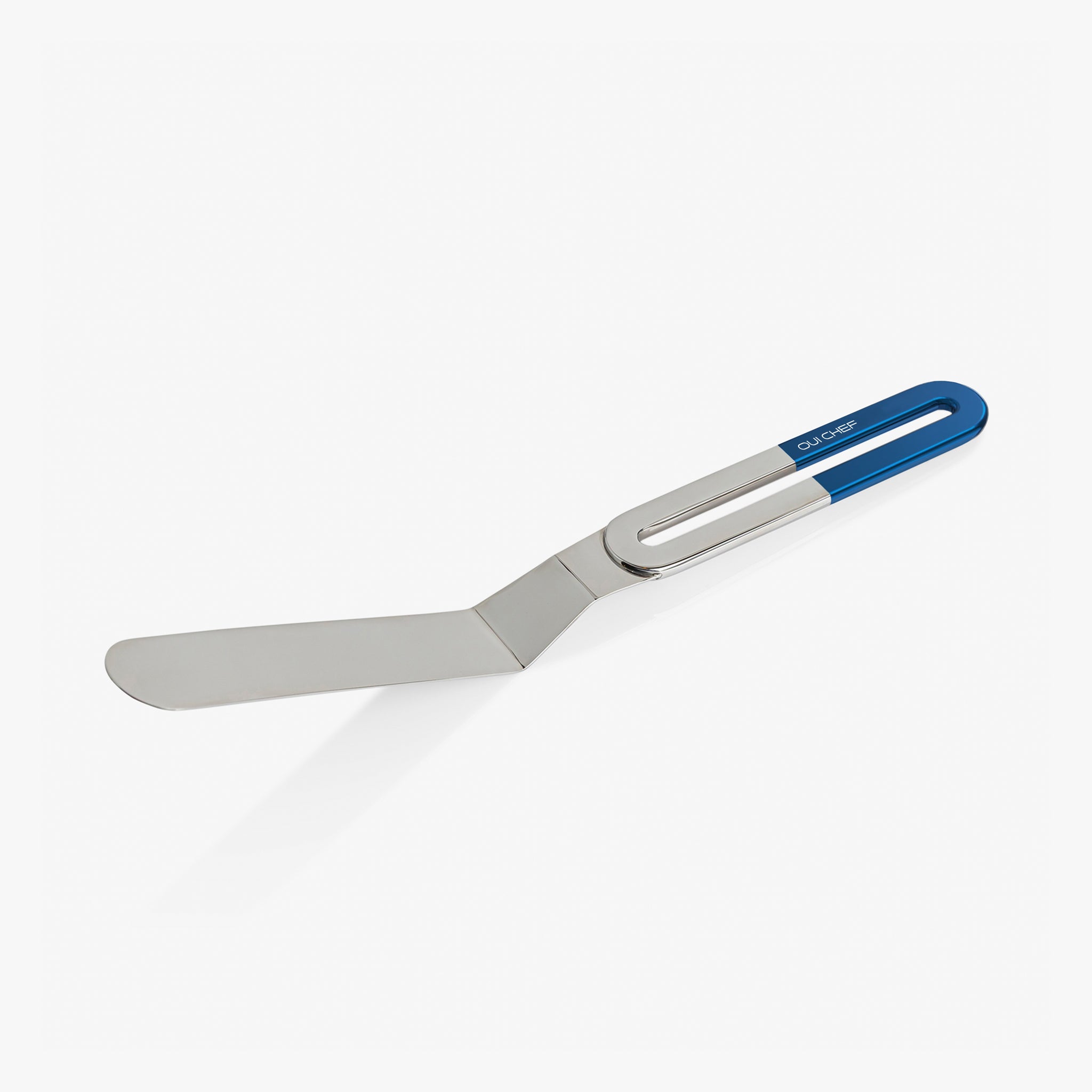 Stainless steel large palette knife with a Metallic blue top handle sitting against a white background.