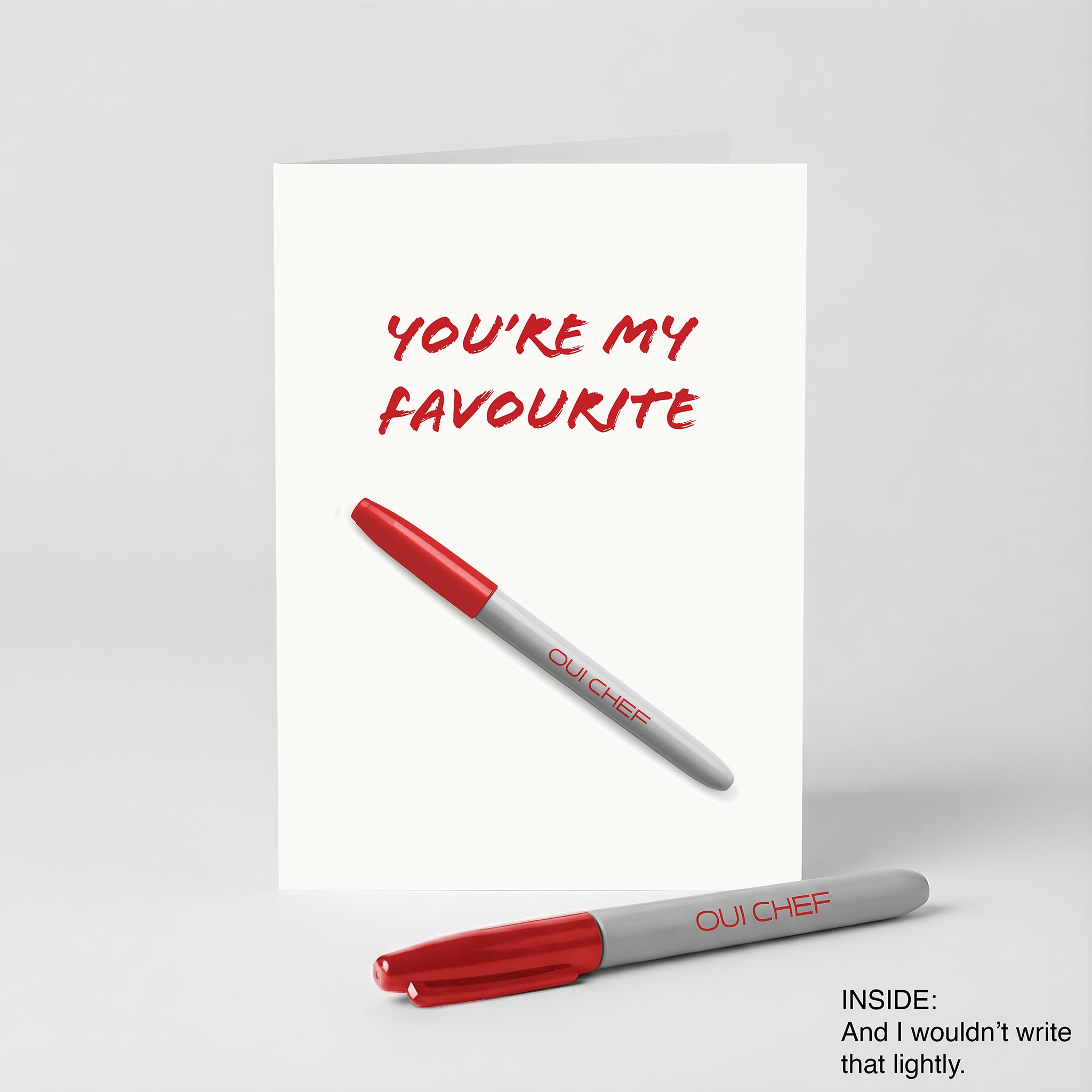Valentines card with 'You're My Favourite' text and a red Sharpie on a white background.
