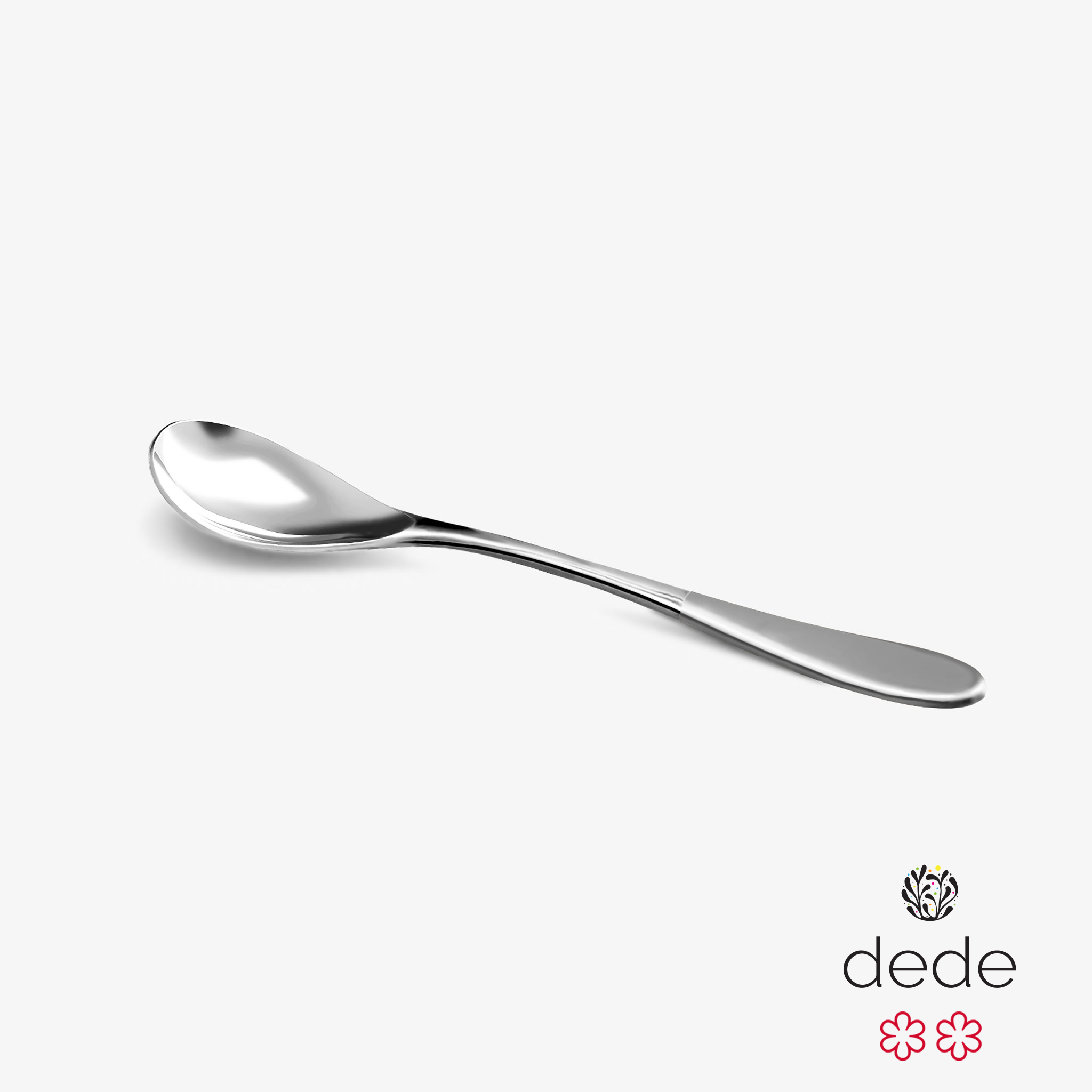 A stainless steel Rocksteady rocher spoon with a chrome top handle against a white background.
