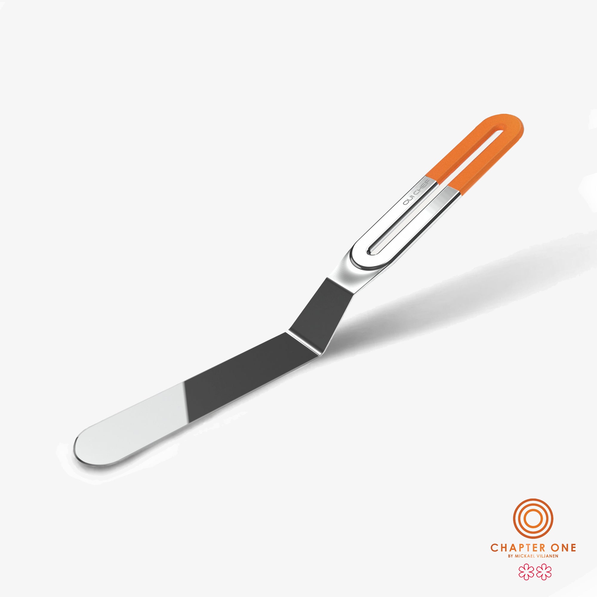 Stainless steel palette knife with an edge-to-edge sharp blade on a white background.